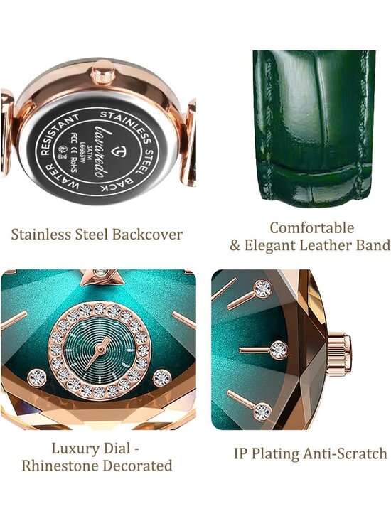 Womens Green Blue Elegant Leather Strap Analog Creative Diamond Dial Wrist Watch